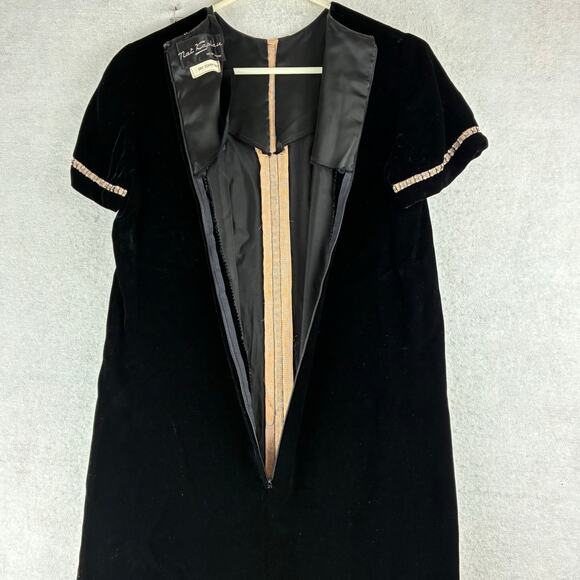 Vintage Nat Kaplan New York Black Velvet Shift Dress Metallic Trim Union Made 14 - Picture 4 of 16